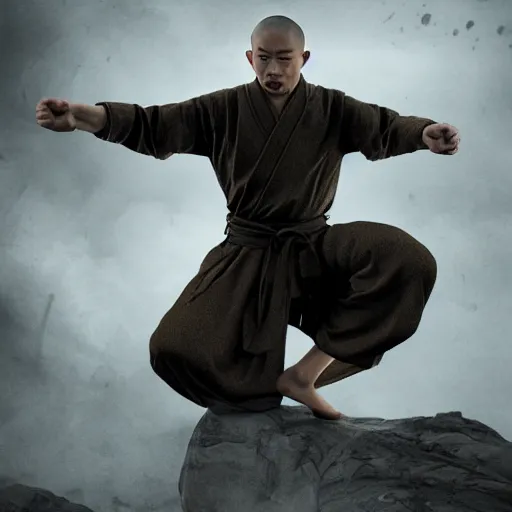 Image similar to full body pose, hyperrealistic photograph of a shaolin disciple manipulating thunder, dim volumetric lighting, 8 k, octane beautifully detailed render, extremely hyper detailed, intricate, epic composition, cinematic lighting, masterpiece, trending on artstation, very very detailed, stunning, hdr, smooth, sharp focus, high resolution, award, winning photo, dslr, 5 0 mm