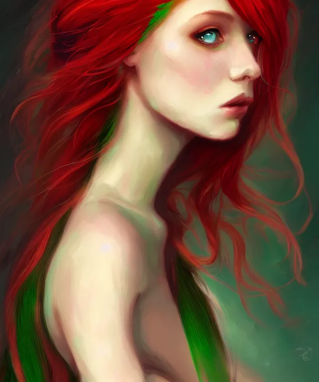 Prompt: Fae teenage girl, portrait, face, long red hair, green highlights, fantasy, intricate, elegant, highly detailed, digital painting, concept art, smooth, sharp focus