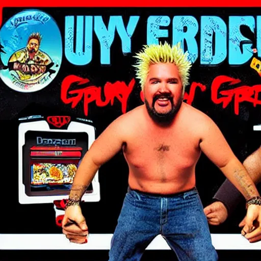 Image similar to guy fieri : backyard wrestling the video game 1 9 8 9 special tournament edition plus alpha arcade cabinet, game case, box art