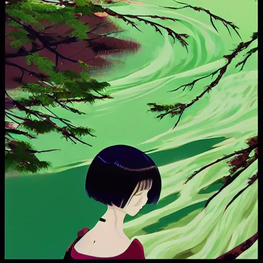 Prompt: anime key visual of a green haired woman with a bob haircut meditating near a japanese spring by ilya kuvshinov