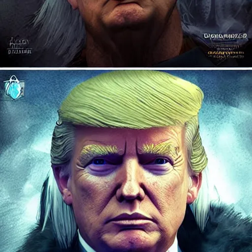 Image similar to donald trump is the witcher, hyper detailed, digital art, trending in artstation, cinematic lighting, studio quality, smooth render, unreal engine 5 rendered, octane rendered, art style by klimt and nixeu and ian sprigger and wlop and krenz cushart.