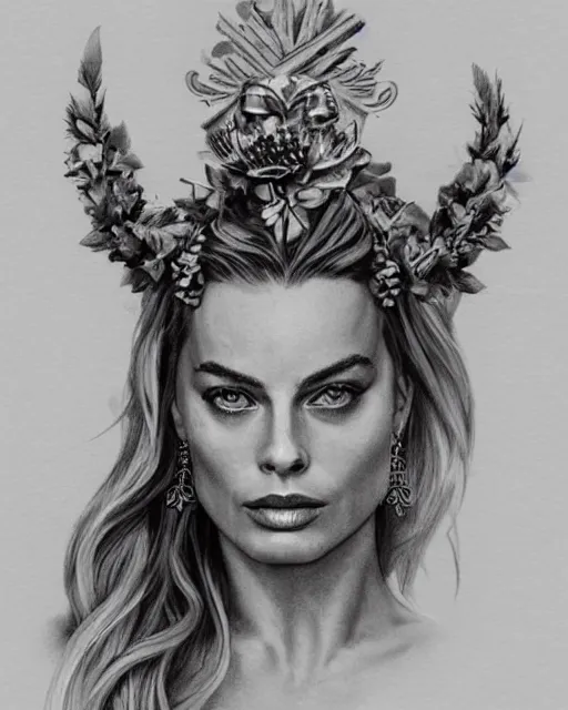 Image similar to realism tattoo sketch of margot robbie as a beautiful greek goddess aphrodite with piercing eyes wearing a laurel wreath and triangle earrings, in the style of greg rutkowski, amazing detail