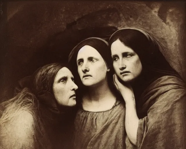 Image similar to the three marys at the sepulchre, expressive faces, julia margaret cameron