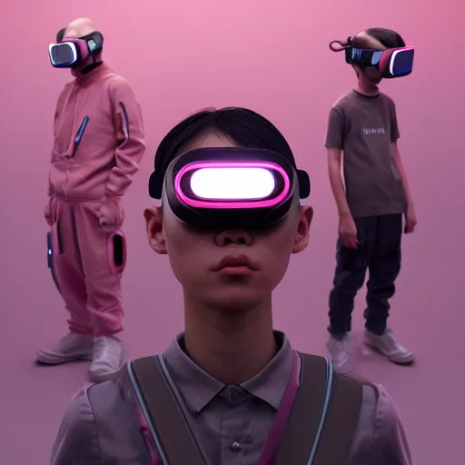 Image similar to intense futuristic bespoke vr headset respirator on a set of twin ninja hypebeasts, by ilya kuvshinov and james jean and sorayama and ikeuchi and hiroya oku and gilleard james, artstation trending, 8 k, 3 d render, photorealistic, volumetric lighting caustics, pink