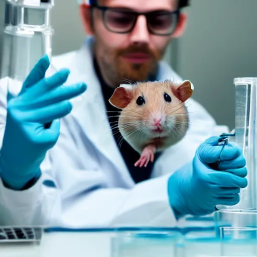 Prompt: engineer hamster in tech glasses working in laboratory