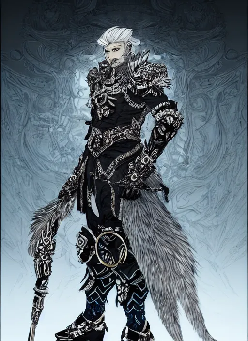 Image similar to Full body portrait of god with silver hair, half man half wolf, wearing ornate attire. In style of Yoji Shinkawa and Hyung-tae Kim, trending on ArtStation, dark fantasy, great composition, concept art, highly detailed, dynamic pose.