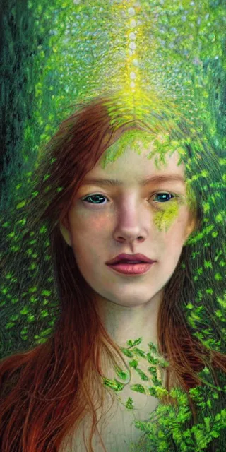 Prompt: infp young woman, smiling amazed, golden fireflies lights, sitting in the midst of nature fully covered, long loose red hair, intricate linework, bright green eyes, small nose with freckles, oval shape face, realistic, expressive emotions, dramatic lights spiritual scene, hyper realistic ultrafine art by michael cheval, jessica rossier, boris vallejo