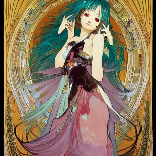 Prompt: Une superbe!! Hatsune Miku, sous la pleine lune,, par Manara et Ryan JiaAlphonse Mucha et Steve McCurry. Très détaillé, peinture à l'huile