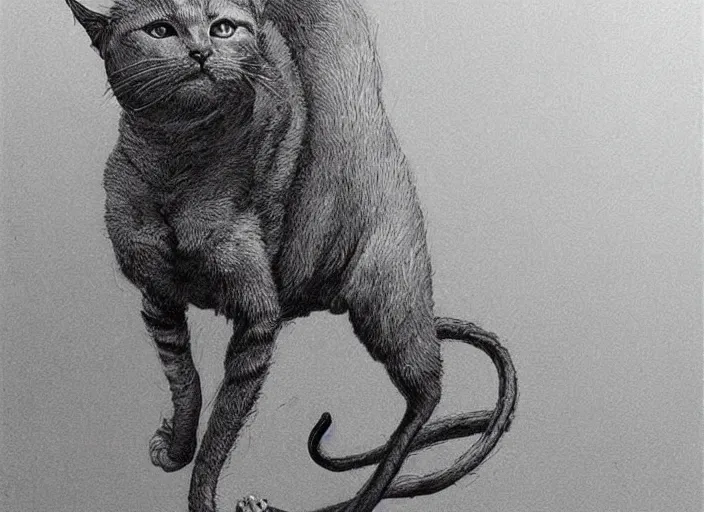 Prompt: a picture of an horrific cat that has spider legs and eyes, art by wayne barlowe