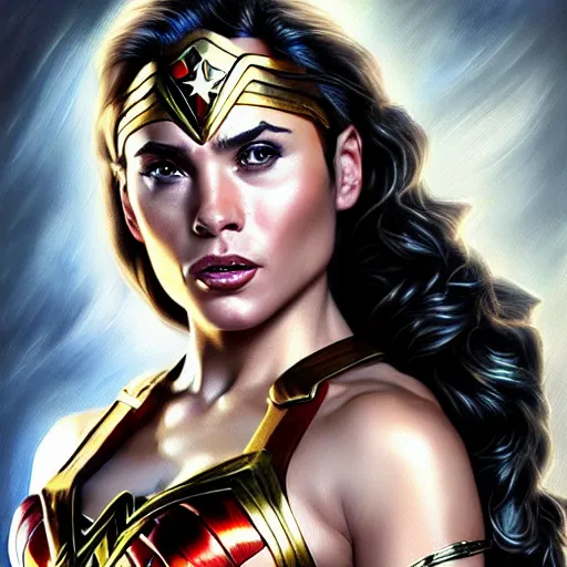 Image similar to danny devito as wonder woman, digital painting, extremely detailed, 4 k, intricate, brush strokes, mark arian, artgerm, bastien lecouffe - deharme