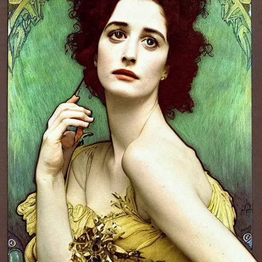 Image similar to portrait en buste of eva green in an edwardian dress by frederic william burton and alphonse mucha, abundantly detailed, perfectly detailed eyes