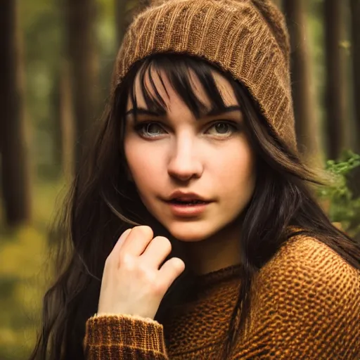 Image similar to real life photo of a beautiful girl, full body photo shoot, long black hair, brown eyes, full round face, short smile, brown sweater, forest setting, cinematic lightning, medium shot, mid - shot, highly detailed, trending on artstation, unreal engine 4 k, 8 0 mm, 8 5 mm, cinematic wallpaper