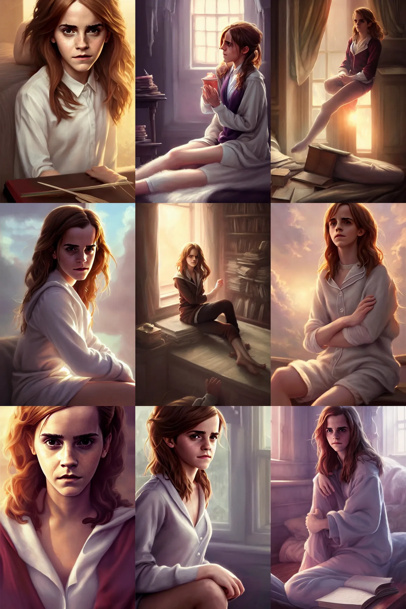 Prompt: emma watson as hermione!!, sitting in bedroom, wearing pajama, anatomy, sunlight, highly detailed, digital painting, artstation, concept art, smooth, sharp focus, illustration, unreal engine 5, 8 k, art by art by artgerm and greg rutkowski