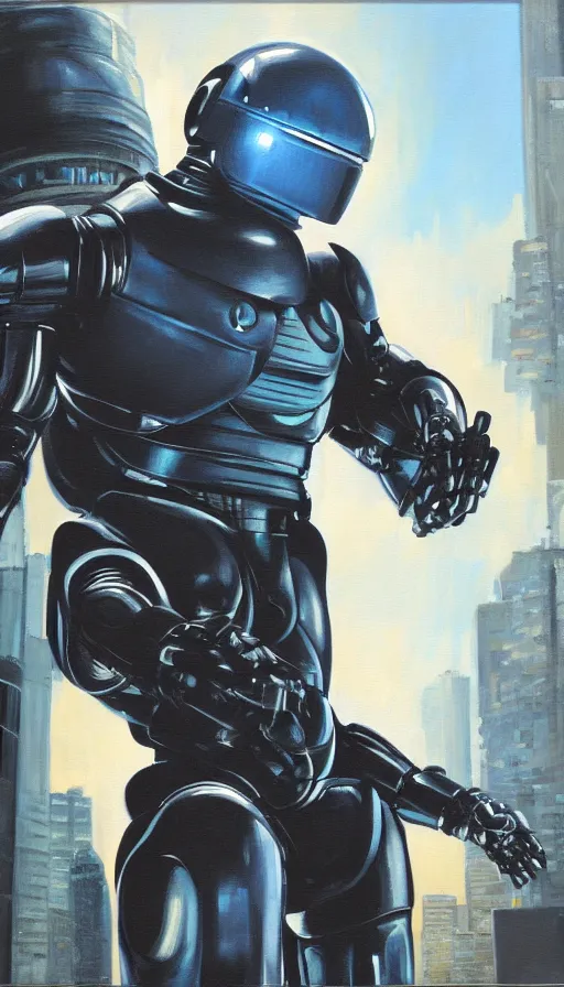 Prompt: robocop, oil painting, rim lighting, by jeff smith