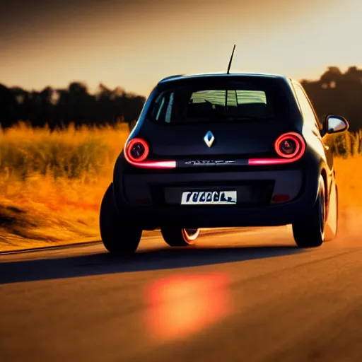 Prompt: a film still of the fast and furious ( 2 0 1 1 ), of a renault twingo 9 3 with neon lights and a huge spoiler, tuning, day time, 9 0 mm, f 4. 0, golden hour lighting, highly detailed, 4 k