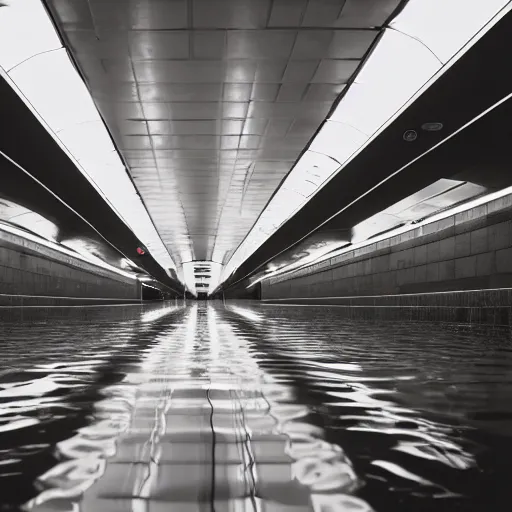Prompt: photo of a subway station, the floor is flooded with one meter deep water. eerie, volumetric lighting. highly - detailed 4 k