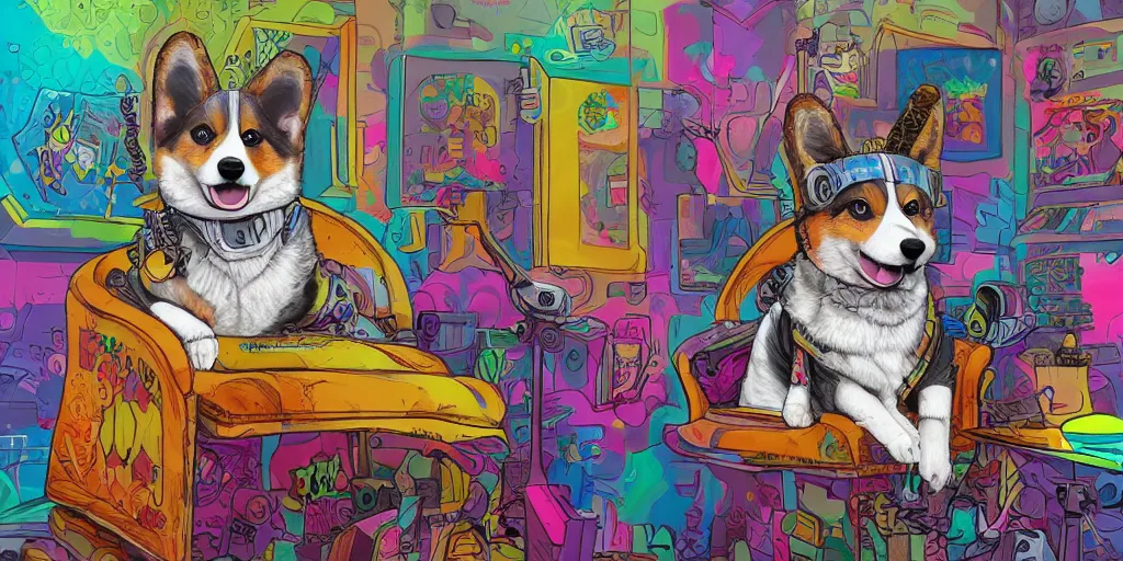 Prompt: highly detailed painting of a cute fluffy cyberpunk psychedelic hiphop corgi chilling on his throne, Zeen Chin and Farel Dalrymple , featured on Artstation, colorful graffiti, 8k, masterpiece