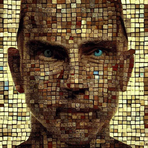 Prompt: a face portrait of a sad man looking into a teacup in a mosaic by tommy ingberg