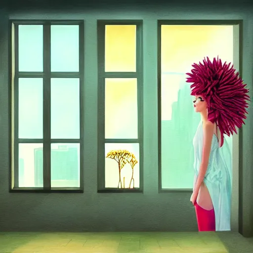 Image similar to giant flower under head, woman next to modern windows, luxury apartment, surreal photography, dramatic light, impressionist painting, digital painting, artstation, arthur adams