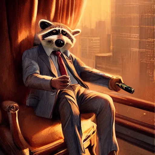 Image similar to a racoon wearing a suit smoking a cigar, dramatic lighting, cinematic, establishing shot, extremly high detail, photorealistic, cinematic lighting, artstation, style by James Gurney