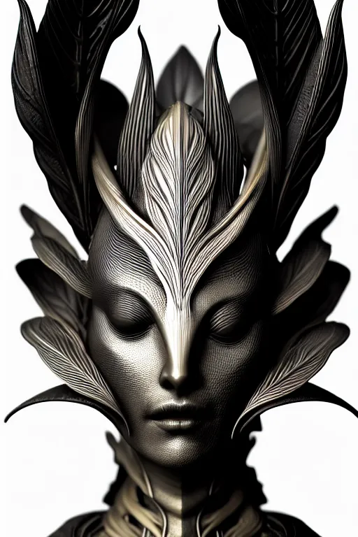 Image similar to bw close - up profile face, black background, beautiful young porcelain vegetal - dragon - cyborg - female, 1 5 0 mm, beautiful natural soft rim light, silver gold details, magnolia leaves and stems, roots, mandelbot fractal, elegant, ultra detailed, white metallic armour, octane render, h. r. giger style