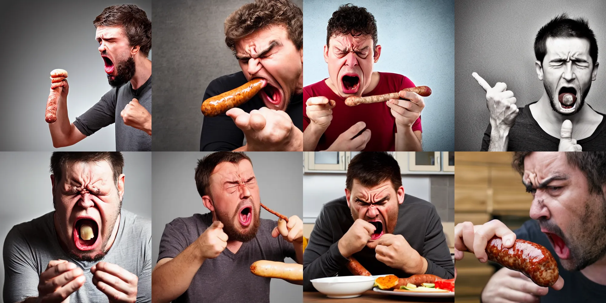 Prompt: A very angry man having an intense argument with a sausage
