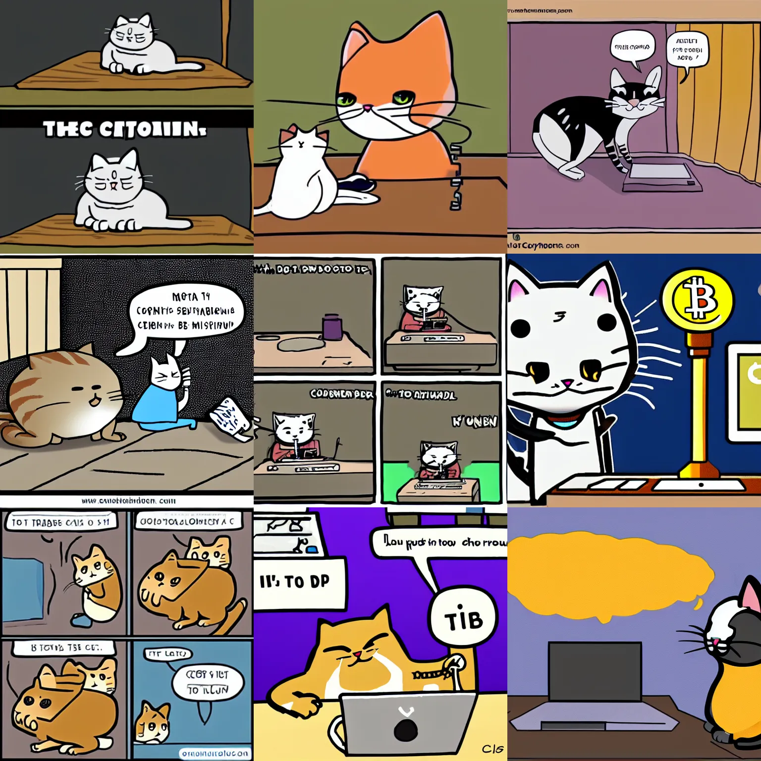 Prompt: A cat programming the next crypto coin cartoon