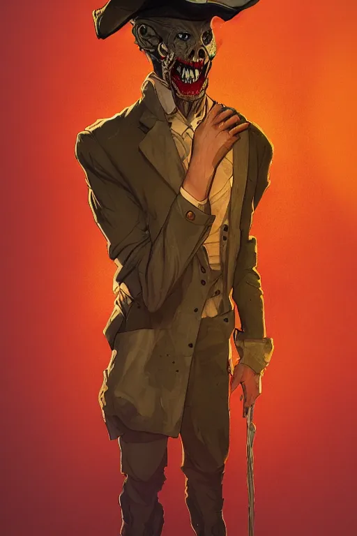 Image similar to the man in the yellow hat in sleepy hollow, full body, big two toned eyes, teeth gritted, horror, intricate details, cinematic, epic, realistic, anatomy, tomer hanuka, uplight, artstation, photorealistic, scary