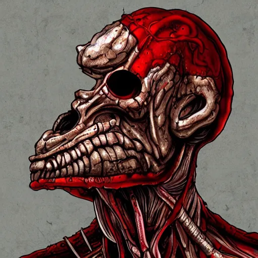 Image similar to pixiv, gruesome, sci - fi, polychaeta, undead cyborg head, doom, rat, reptile, red, white