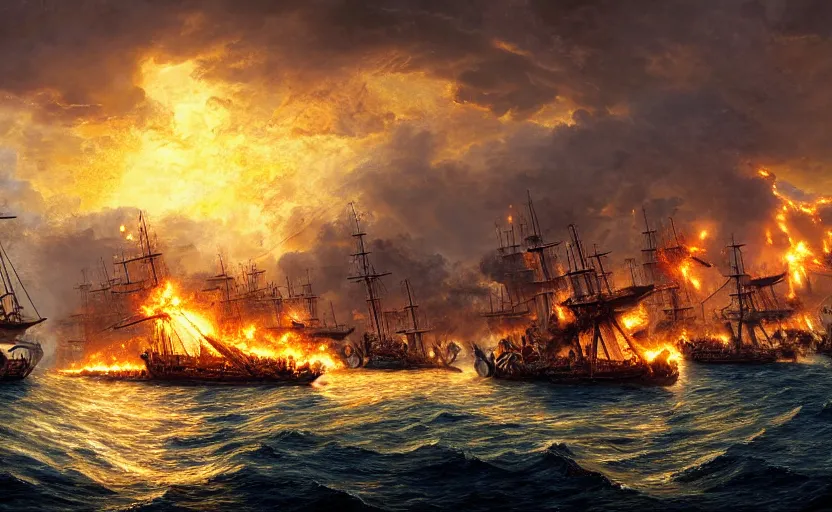 Prompt: the battle of salamis, ships on fire, photography, golden hour, extremely detailed, 4 k