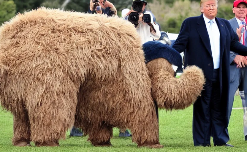 Image similar to Donald Trump in a baby mammoth costume , with an open face