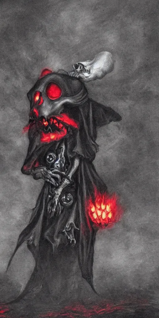 Image similar to a ghostly rat with skull face and glowing red eyes wearing black tattered robes and holding two blue flames