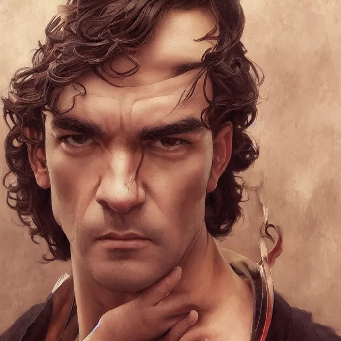 Image similar to handsome young antonio banderas, masterpiece, intricate, elegant, highly detailed, digital painting, artstation, concept art, smooth, sharp focus, illustration, art by artgerm and greg rutkowski and alphonse mucha and huang guangjian and gil elvgren and sachin teng, symmetry