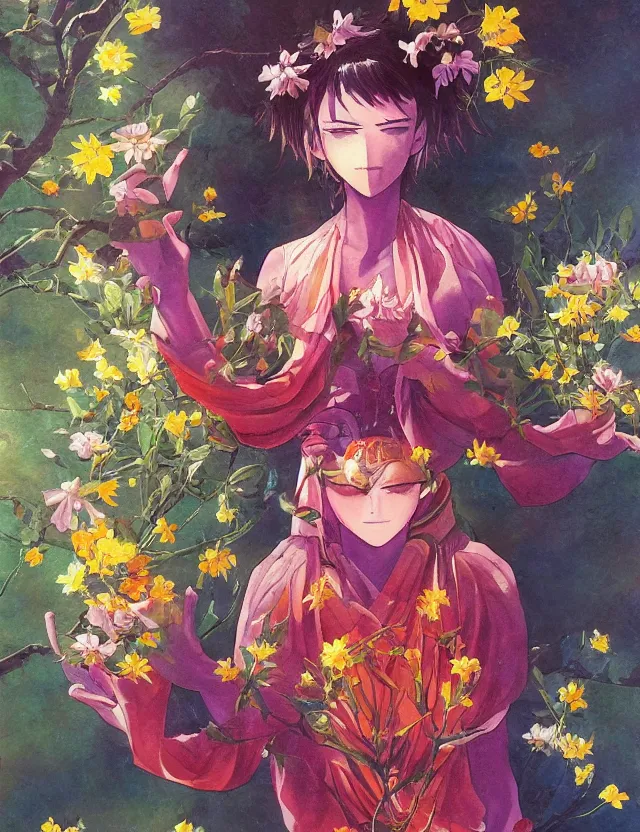 Prompt: androgynous deity of light and flowers. this oil painting by the award - winning mangaka has interesting color contrasts, plenty of details and impeccable lighting.