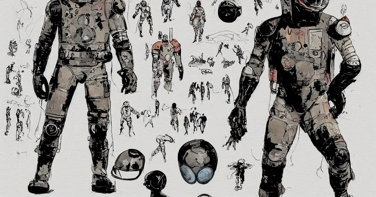 Image similar to male, heroic figure, space suit with a modern helmet, character sheet, science fiction, very stylized, digital art, pen and ink, digital painting, watercolor wash, by mike mignola, by alex maleev, jean giraud