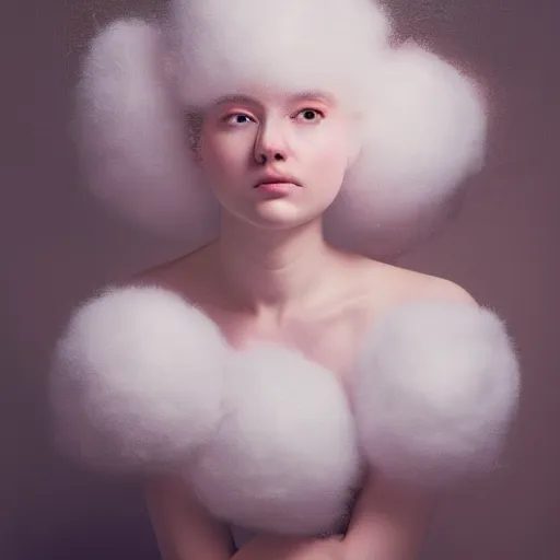 Prompt: portrait of a cute girl with soft pink and white cotton fluffy balls floating in image, fashion photography, highly detailed, digital photography by jheronimus bosch and james jean and james rutkowski