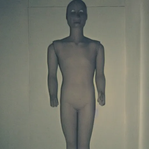 Image similar to creepy happy Mannequin in the backrooms. Liminal. VHS found footage. Shaky, grainy.