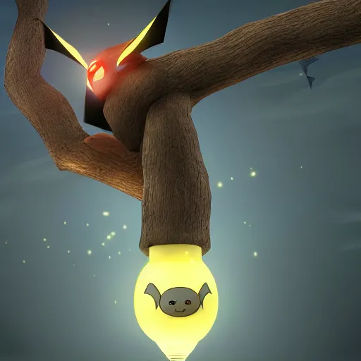 Image similar to a pokemon that looks like bat, bat hanging upside down in a tree, glowing like a light bulb, digital art. unreal engine.