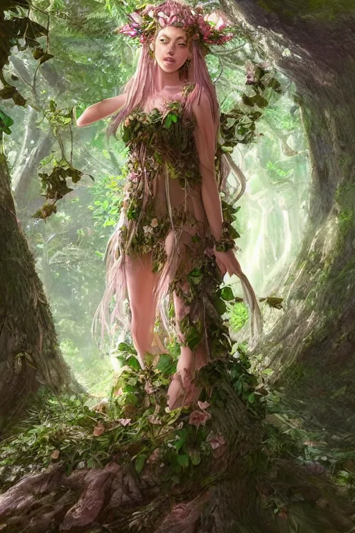 Image similar to a magical nymph druid in the forest wearing a magical flower dress, overlooking a forest from which emerges a huge tree, highly detailed dramatic lighting fantasy artstation artgerm concept art