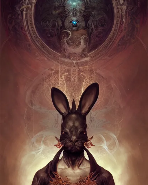 Prompt: Black rabbit monk, centered, portrait, symmetrical, Path of Exile, Diablo, Warhammer, digital painting, highly detailed, concept art, Nekro, Peter Mohrbacher, Alphonse Mucha, Brian Froud, Yoshitaka Amano, Kim Keever, Victo Ngai, James Jean