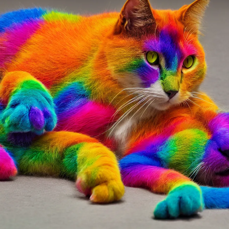 Prompt: a Rainbow cat lying on the floor, ultra realistic, 8K