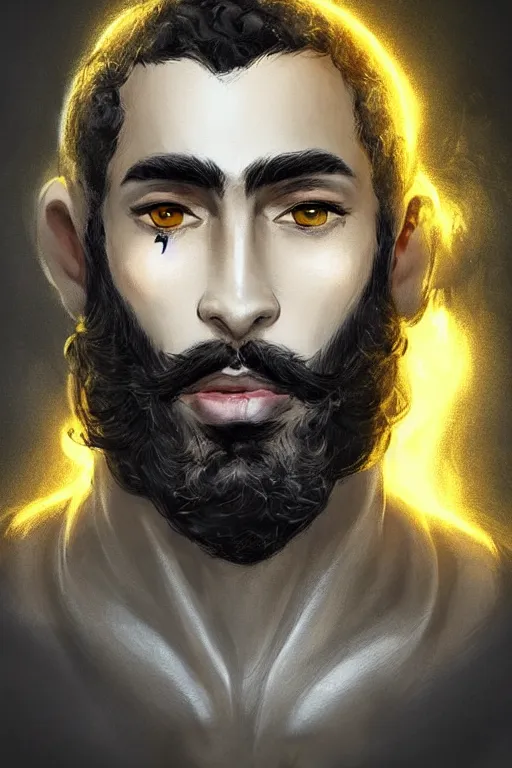 Prompt: Arab man light beard, curly hair, swordsman, modern, hero, yellow and charcoal leather, character concept art, costume design, trending on artstation, Artgerm , WLOP