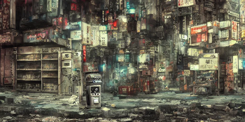 Image similar to broken robot lying deserted shinjuku junk town, watercolor, ghost in the shell, soft bloom lighting, paper texture, bright sun bleached ground, vending machine, koji morimoto, katsuya terada, black smoke, pale, beige sky pencil marks, hd, 4k, remaster, dynamic camera angle, fish eye, dynamic scene