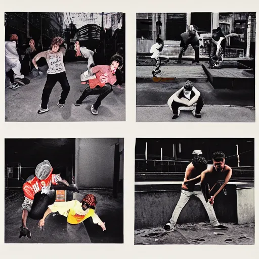 Prompt: four breakdancers battling in the bronx in 1984, by Andy Warhol, gritty, energetic, detailed, Moody lightning, trending on artstation
