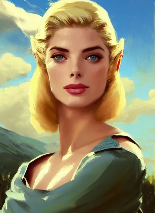 Prompt: A combination of Adriana Dxim and Grace Kelly’s and Ashley Greene's appearance with blonde hair as Zelda, countryside, calm, fantasy character portrait, dynamic pose, above view, sunny day, thunder clouds in the sky, artwork by Jeremy Lipkin and Giuseppe Dangelico Pino and Michael Garmash and Rob Rey and Greg Manchess, very coherent asymmetrical artwork, sharp edges, perfect face, simple form, 100mm