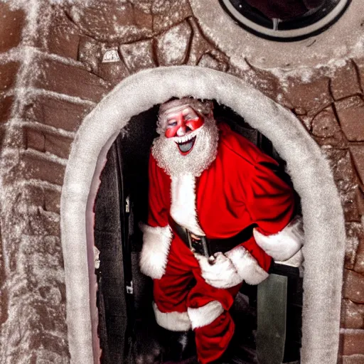 Prompt: A demented warped evil-looking Santa Claus grinning at the camera, emerging upside down the inside of a chimney into a family living room on Christmas night, security cam footage, blurry photo, fisheye lens, dark, night cam, hyperrealistic