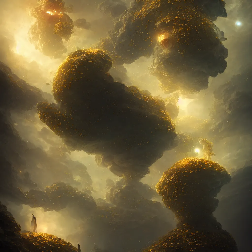 Image similar to within a flower the whole and finite capsule apparent with awe the apparition, an idea seep's into infinity highly detailed in volumetric latent space, golden turquoise steampunk, high contrast cinematic light, mystical shadows, sharp focus, divine realm of gods, octane render, artist by greg rutkowski,