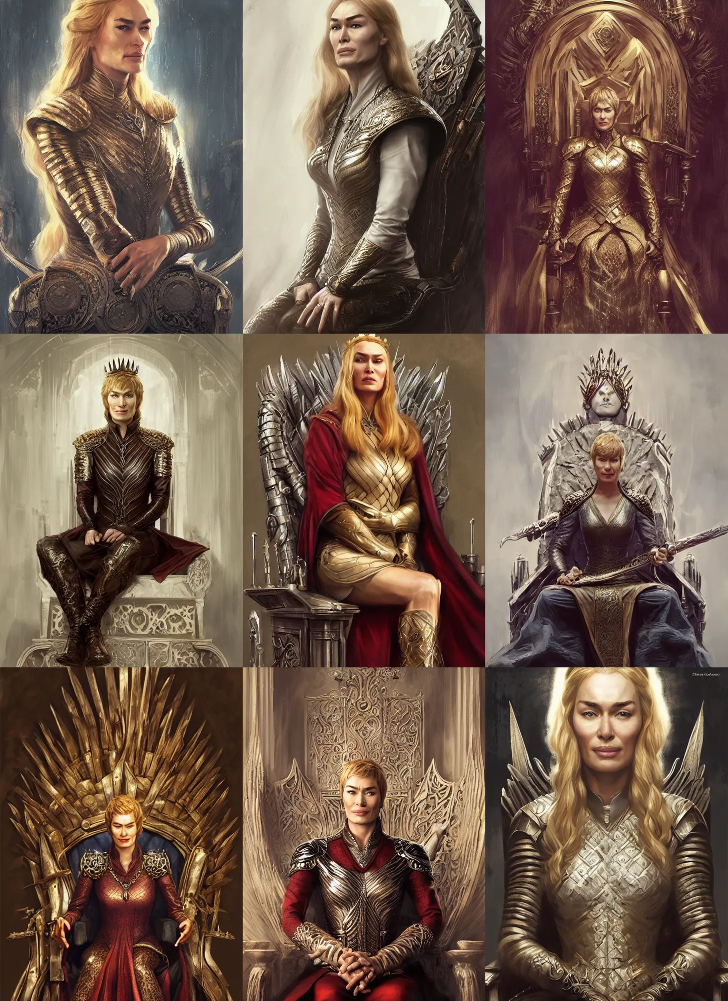 Prompt: portrait cersei lannister sit on throne, long blond hair, marvel comics, dark, intricate, highly detailed, artstation, digital illustration, ruan jia, mandy jurgens, rutkowski