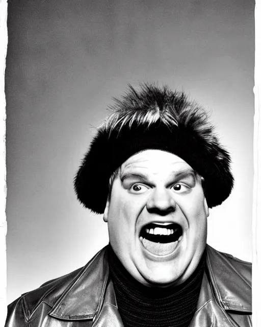 Image similar to headshot of a crazed smiling, mouth open, chris farley, he is wearing a leather bomber cap on his head, he is also wearing an a 2 flight jacket, a long white wool scarf is wrapped around his neck, he has a 5 o'clock shadow