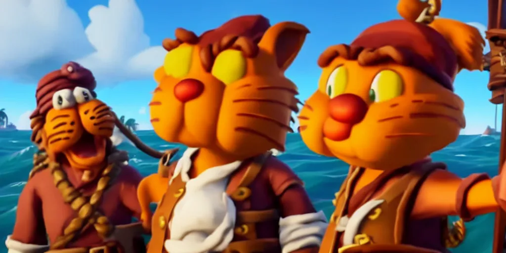 Prompt: selfie of garfield as a sea of thieves character, sea of thieves screenshot, storm, unreal engine, digital art